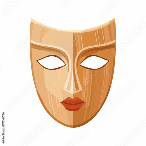 Abstract wooden tribal mask illustration with elongated features and carved texture, depicting ancient culture.mental