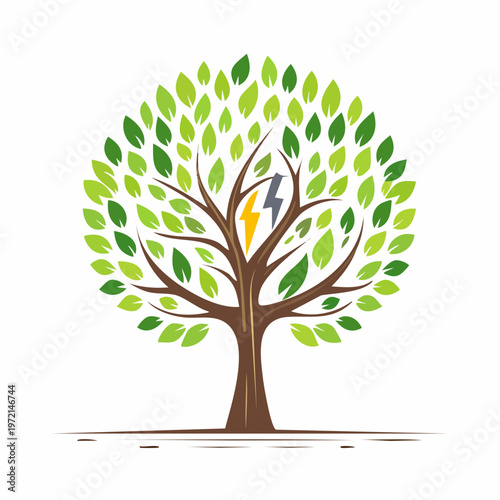 Green tree with leaves and powerful lightning bolt in trunk, natural energy symbol.mental health concept, symbolizes nat