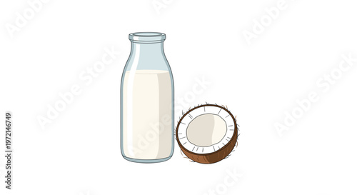 A tall glass carafe filled with creamy white coconut milk stands next to a halved coconut shell against a pristine white background in soft light rays.