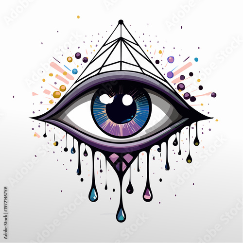 Stylized all seeing eye with geometric pyramid and dripping colors, spiritual vision.mental health concept, the design
