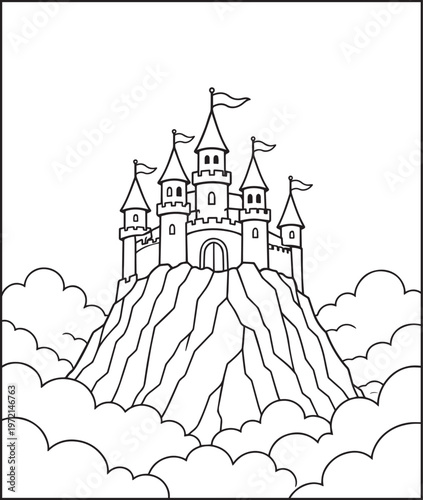 Mountain landscape outdoor scenery coloring page for kids, black line art vector illustration for activity book design