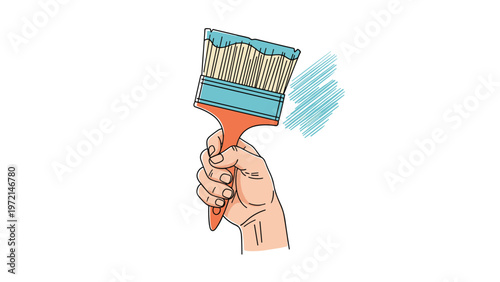 Close up of a hand holding a wide paintbrush with blue paint making a brushstroke on a white background for art hobby.