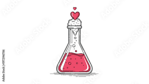 Laboratory glass flask filled with bubbling pink liquid and hearts, symbolizing the chemistry of love and attraction.