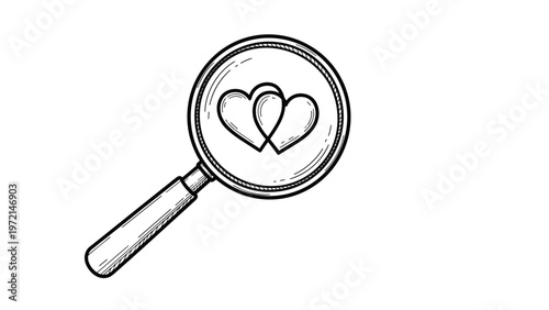 Hand drawn sketch of a magnifying glass focusing on two intertwined hearts representing searching for love and relationships.