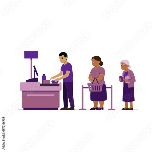 People are waiting in line at a checkout counter in a store.