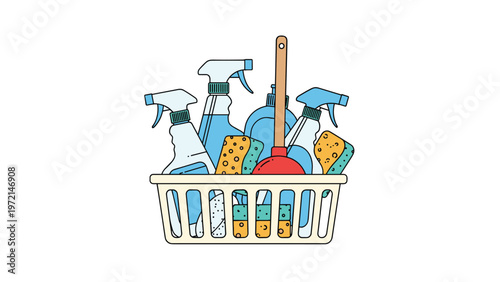 Plastic basket overflowing with assorted cleaning products and tools, representing household chores and sanitation.
