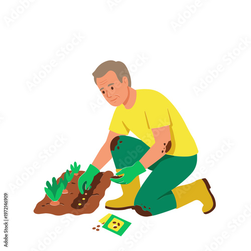 Man planting seeds in soil outdoors in garden