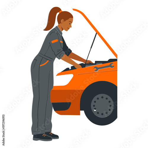 Mechanic woman inspecting car engine in garage with tools nearby