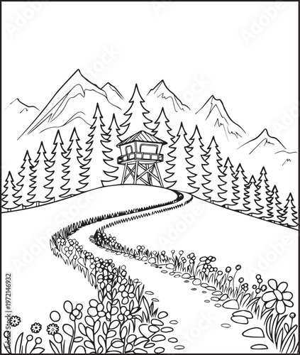 Mountain landscape outdoor scenery coloring page for kids, black line art vector illustration for activity book design