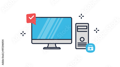 Desktop computer workstation with a monitor featuring a checkmark alert and media icon, symbolizing task completion.
