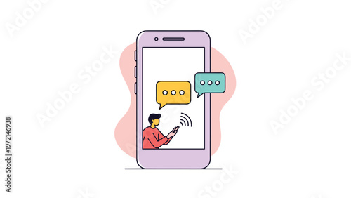 Smartphone displaying a user sending messages with floating speech bubbles, symbolizing modern mobile communication.