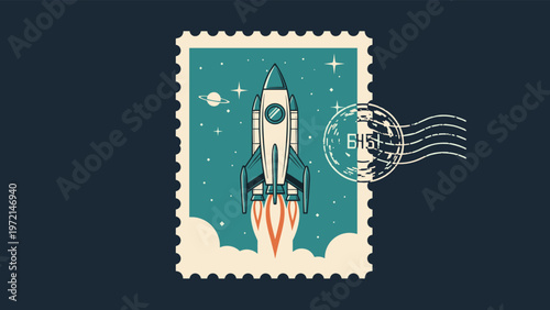 Vintage style postage stamp featuring a rocket ship blasting off into space with a postmark against a dark background for mail.