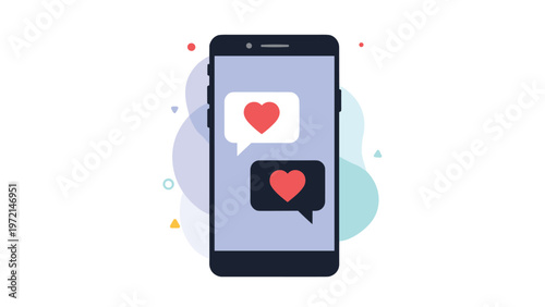 Smartphone screen displaying two love chat bubbles with red hearts against a colorful abstract background for dating app.