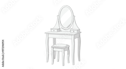 A sophisticated white wooden vanity dressing table features an elegant oval mirror and a matching small cushioned stool against a stark white background.