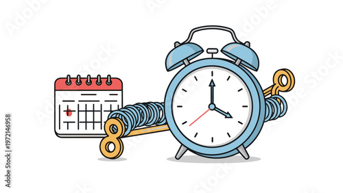 Traditional blue alarm clock with mechanical springs placed next to a desk calendar, representing time management.