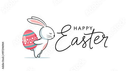 Adorable white bunny walking and carrying a large colorful Easter egg on its back on a plain white background for holidays.