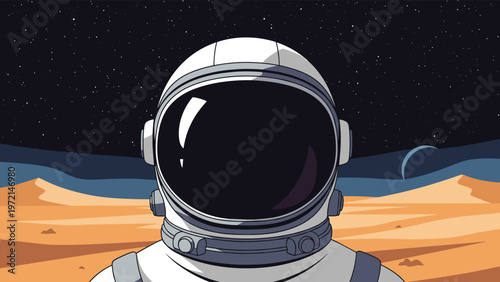 Close-up of an astronaut wearing a white spacesuit on a desert planet under a starry night sky, representing space travel.