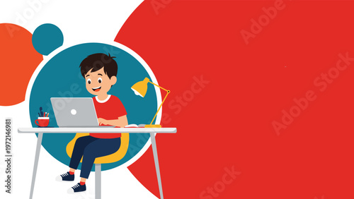 Young student sitting at his desk with a laptop and lamp while studying for online school classes against a solid red background.