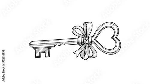 Intricately detailed antique key with a heart-shaped handle and a ribbon bow, representing love, secrets, and romance.