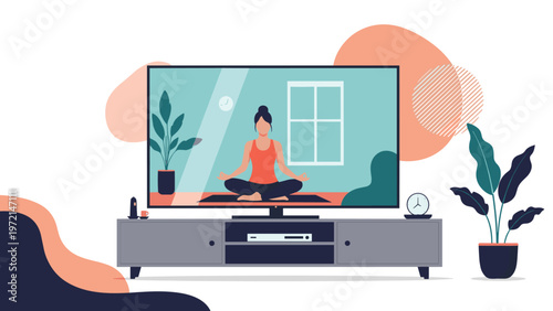 Television screen displaying an online yoga class in a cozy home setting, symbolizing home fitness and wellness.