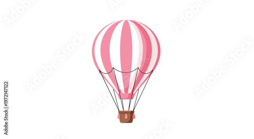 A solitary large hot air balloon featuring bold pink and white vertical stripes and a detailed brown basket stands perfectly centered on a white background.