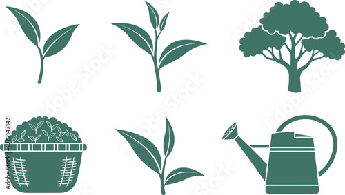 A collection of various botanical icons featuring tea leaves a tree a basket and a watering can