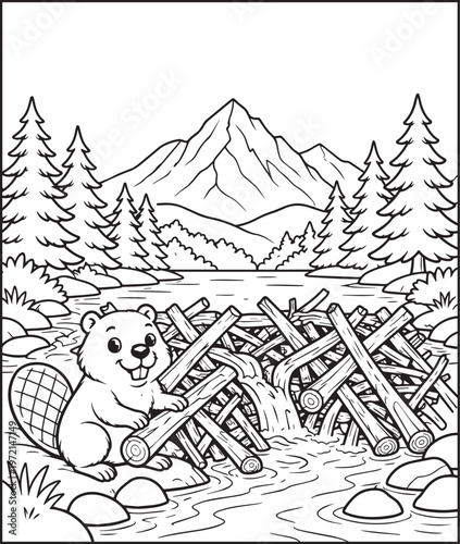 Mountain landscape outdoor scenery coloring page for kids, black line art vector illustration for activity book design