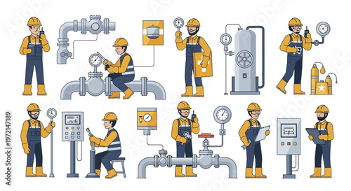 A collection of illustrations depicting industrial workers performing maintenance and checks on pipelines, gauges, and control panels in a factory setting.