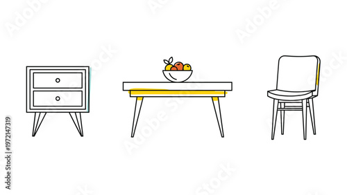 Simple line art drawing of modern home furniture including a small nightstand a dining table with fruit and a single wooden chair.