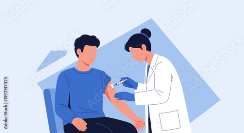 Doctor administering vaccine injection to patient's arm, healthcare concept
