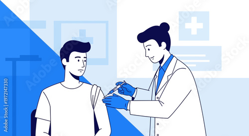 Doctor administering vaccine injection to a patient in a medical clinic, vaccination concept