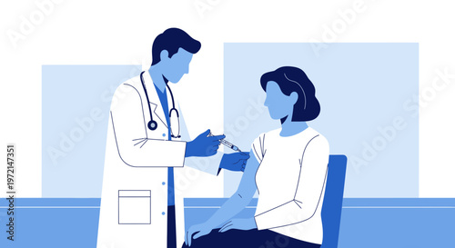 Doctor administering vaccine injection to woman patient in clinic