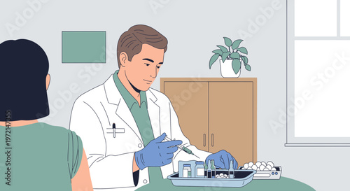 Doctor administering vaccine to patient in clinic, healthcare, medical treatment, vaccination concept