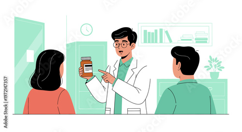 Doctor advises patients on medication, holding a prescription bottle in a clinic