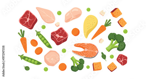 A diverse assortment of healthy raw food ingredients including red meat, chicken, salmon, broccoli, carrots, and green peas is scattered across a white background.