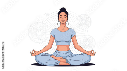 Serene woman sitting in a lotus pose practicing yoga and meditation to achieve mindfulness and inner peace in a calm environment.