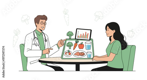 Doctor advises patient on healthy diet with fruits, vegetables, and protein on a tablet