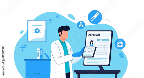 Doctor analyzing lab results on tablet and computer screen, medical technology concept