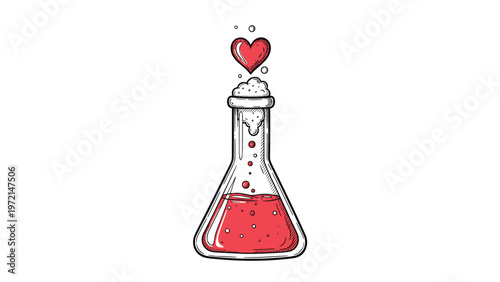 Chemical laboratory flask filled with a bubbling red potion and a heart floating above represents a love potion experiment.