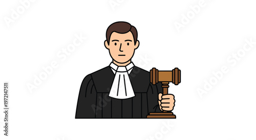 A professional male judge wearing traditional black legal robes and a white neckband holds a polished wooden gavel firmly within a bright studio setting with neutral colors.