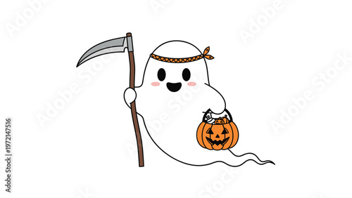 Cute cartoon ghost wearing a headband and carrying a pumpkin candy bucket and a large scythe for a trick or treat halloween celebration.
