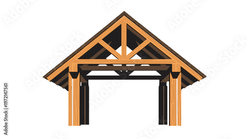 Architectural illustration of a wooden pavilion structure with detailed beams, representing outdoor construction.
