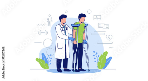 Doctor assisting patient with crutches, rehabilitation and recovery concept