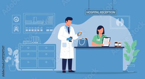 Doctor at hospital reception desk with nurse, medicine, and patient information