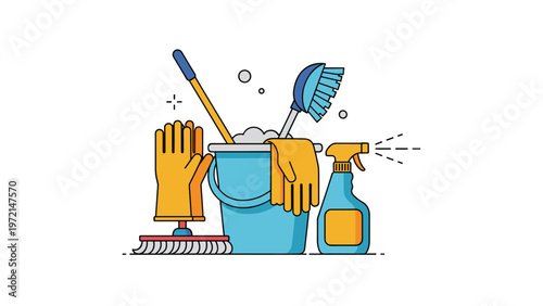 Essential household cleaning supplies including a bucket filled with soap suds, yellow rubber gloves, a spray bottle, and a floor mop.