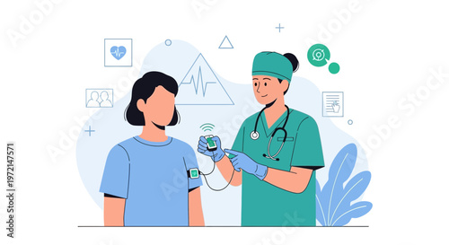 Doctor attaches wearable device to patient for remote health monitoring, telemedicine concept