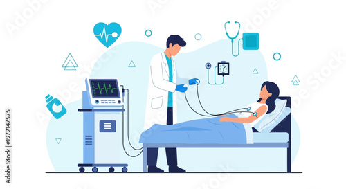 Doctor Attends Patient in Hospital Bed with Medical Equipment and Monitor