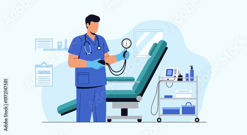 Doctor checking blood pressure with sphygmomanometer in clinic examination room