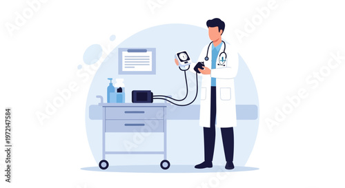 Doctor checking blood pressure with sphygmomanometer in clinic, medical equipment on cart