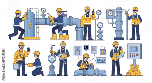 Illustrations of industrial workers performing maintenance and checks on complex piping systems and control panels.
